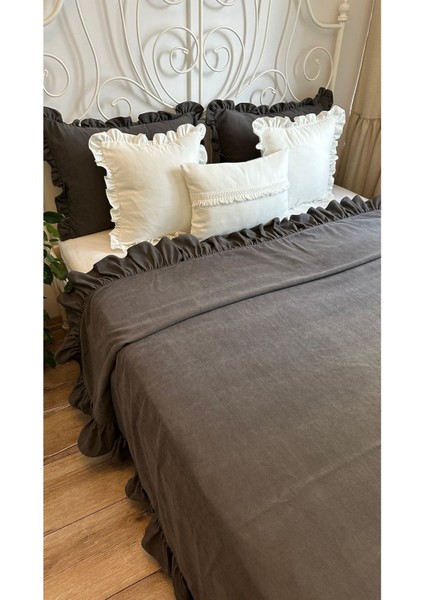 Vintage Fırfırlı Antrasit Gri Füme Yatak Örtüsü Çift Kişilik modelleri