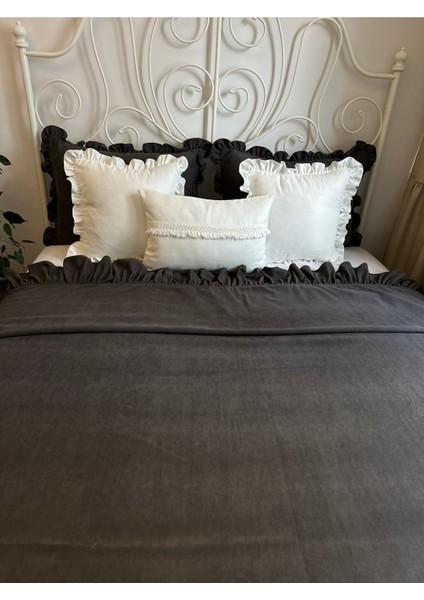 Vintage Fırfırlı Antrasit Gri Füme Yatak Örtüsü Çift Kişilik indirimleri