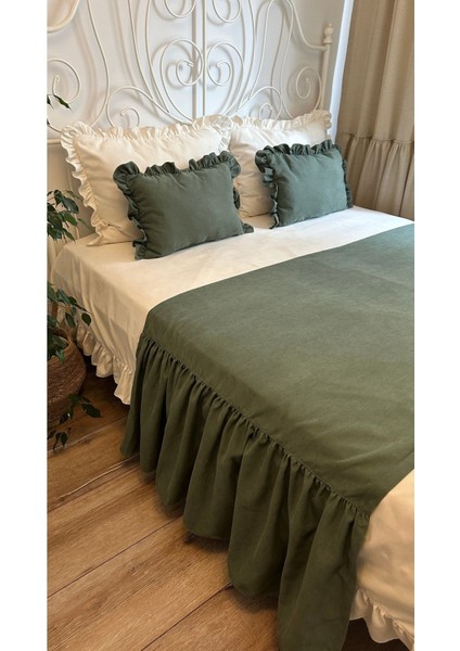 Çağla Yeşili Fırfırlı Yatak Runner ve Iç Dolgulu Kırlent Seti fiyatları