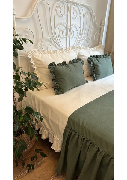Çağla Yeşili Fırfırlı Yatak Runner ve Iç Dolgulu Kırlent Seti modelleri