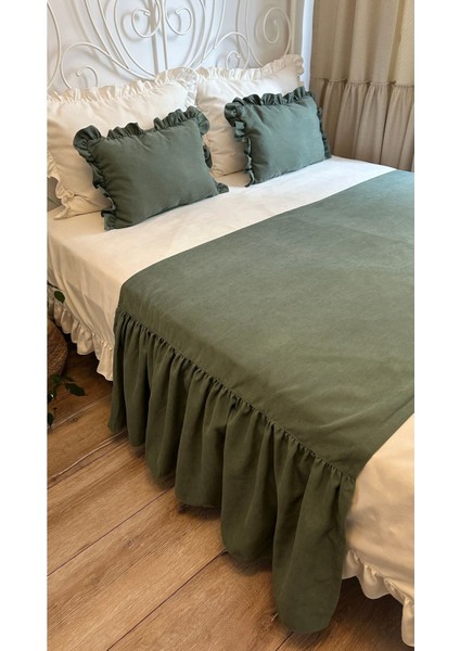 Çağla Yeşili Fırfırlı Yatak Runner ve Iç Dolgulu Kırlent Seti indirimleri