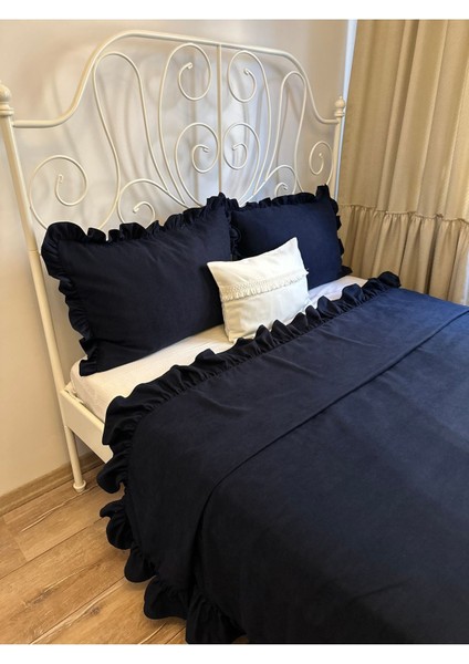 Fırfırlı Lacivert Yatak Örtüsü Takımı Çift Kişilik fiyatları