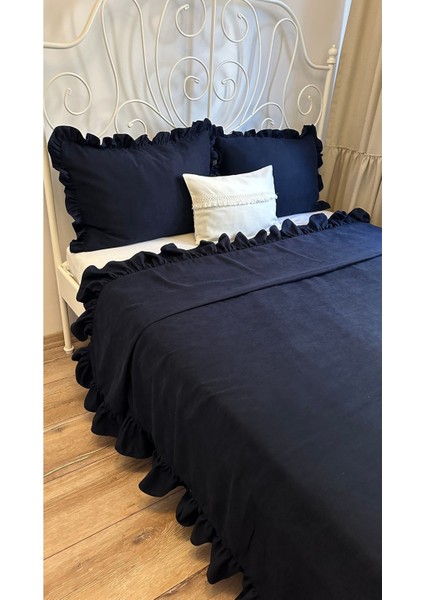 Fırfırlı Lacivert Yatak Örtüsü Takımı Çift Kişilik modelleri