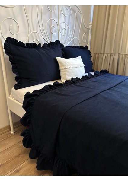 Fırfırlı Lacivert Yatak Örtüsü Takımı Çift Kişilik fırsatları
