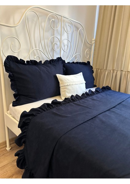 Fırfırlı Lacivert Yatak Örtüsü Takımı Çift Kişilik indirimleri