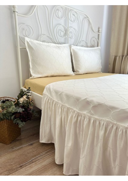 3 Parça Yatak Runner Set Ekru Saten Yatak Örtüsü Çift Kişilik indirimleri