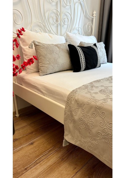 Gri Nakış Işlemeli Yatak Runner Set Çift Kişilik Bohem Yatak Örtüsü fiyatları