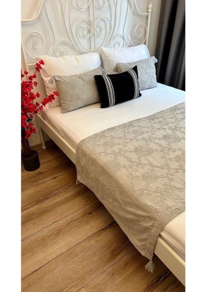 Gri Nakış Işlemeli Yatak Runner Set Çift Kişilik Bohem Yatak Örtüsü modelleri