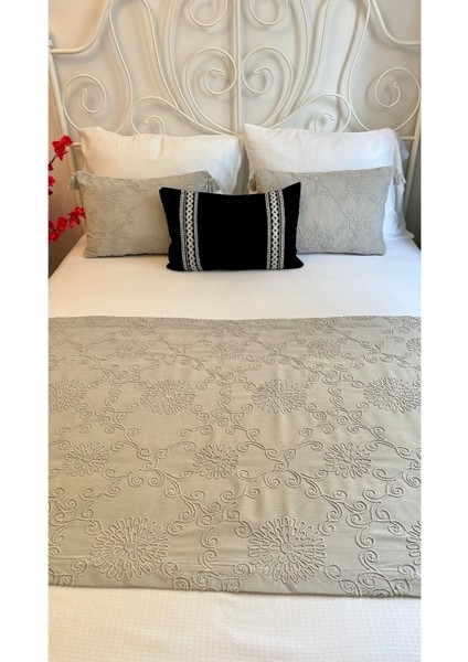 Gri Nakış Işlemeli Yatak Runner Set Çift Kişilik Bohem Yatak Örtüsü fırsatları