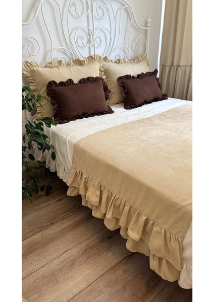 Bej Rengi Çift Katfırfırlı Yatak Runner Seti Çift Kişilik fiyatları