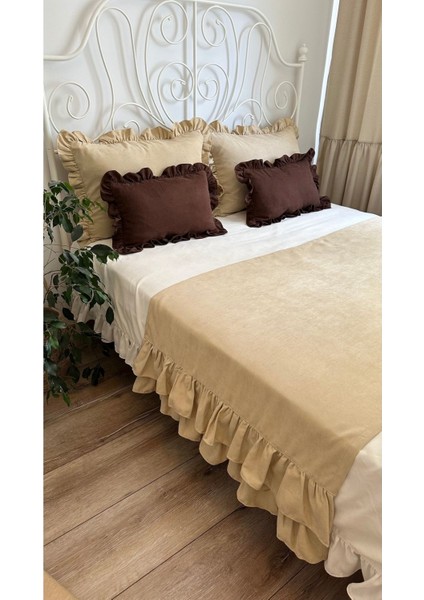 Bej Rengi Çift Katfırfırlı Yatak Runner Seti Çift Kişilik modelleri