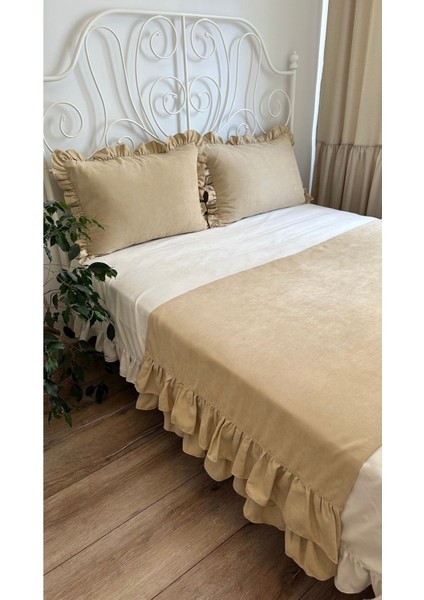 Bej Rengi Çift Katfırfırlı Yatak Runner Seti Çift Kişilik fırsatları