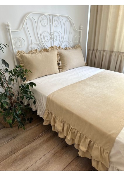 Bej Rengi Çift Katfırfırlı Yatak Runner Seti Çift Kişilik indirimleri