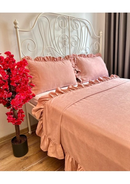 Fırfırlı Pudra Pembe Yatak Örtüsü Seti Tek Kişilik