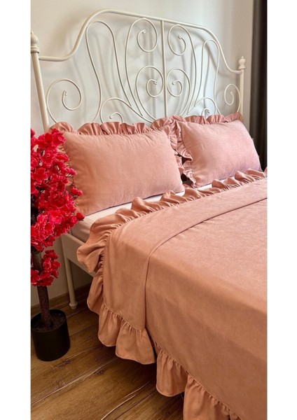 Fırfırlı Pudra Pembe Yatak Örtüsü Seti Tek Kişilik