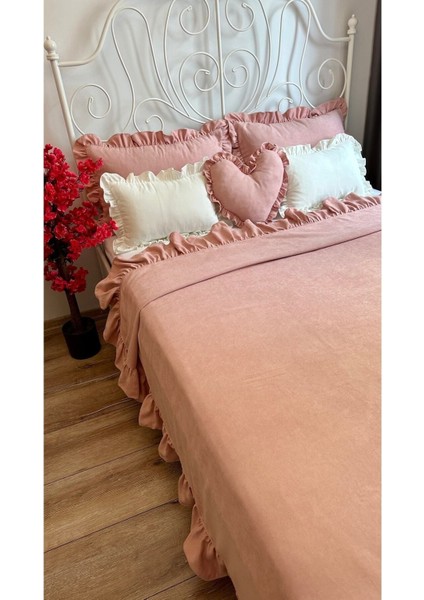 Fırfırlı Pudra Pembe Yatak Örtüsü Seti Tek Kişilik
