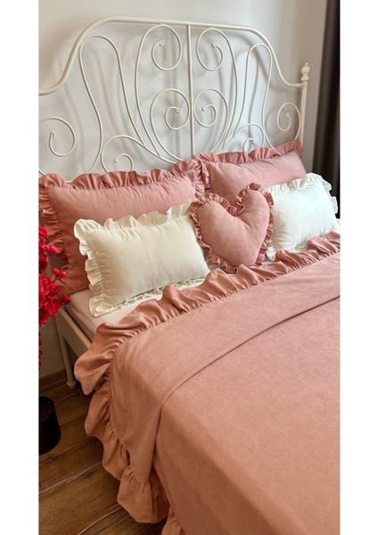 Fırfırlı Pudra Pembe Yatak Örtüsü Seti Tek Kişilik