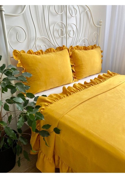 Fırfırlı Hardal Sarı Yatak Örtüsü Seti Çift Kişilik