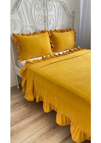 Fırfırlı Hardal Sarı Yatak Örtüsü Seti Çift Kişilik fiyatları