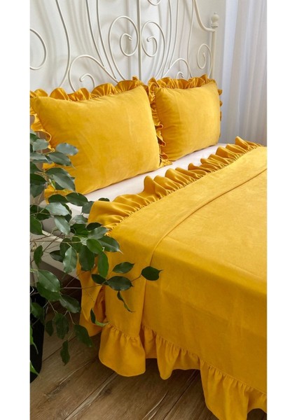 Fırfırlı Hardal Sarı Yatak Örtüsü Seti Çift Kişilik modelleri
