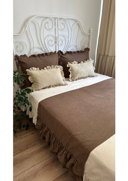 Kahverengi Rengi Çift Kat Fırfırlı Yatak Runner Seti Çift Kişilik fiyatları
