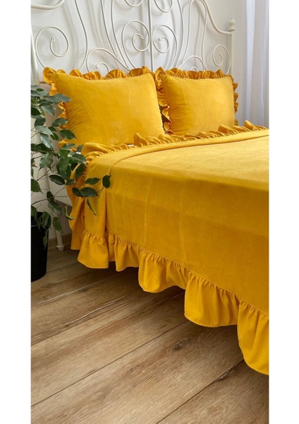 Fırfırlı Hardal Sarı Yatak Örtüsü Seti Çift Kişilik fırsatları