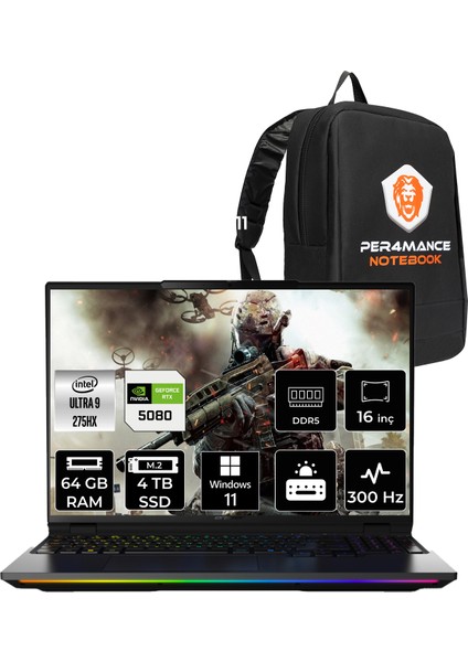 Beast 16 X1 Intel Core Ultra 9 275HX 64GB 4tb SSD RTX5080/16GB 175W 16" Qhd+ 300Hz Windows 11 Home Taşınabilir Bilgisayar & Per4 Çanta MD62733P375