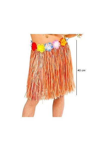 Yetişkin ve Çocuk Uyumlu Turuncu Renk Püsküllü Hawaii Luau Hula Etek 40 cm
