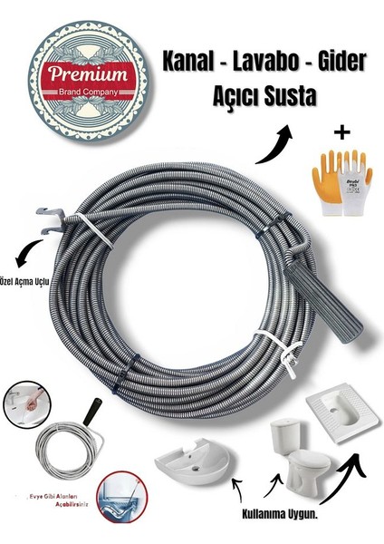 Premium Klozet Lavabo Gider Açıcı 15 Metre 9 mm Özel Uç Tasarımlı Aparatlı Kanal Susta + Eldiven Kalın malzeme