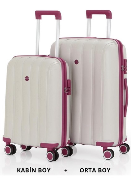 Bavul Orta ve Kabin 2li Set Kırılmaz Silikon Valiz V305 Kemik/mürdüm