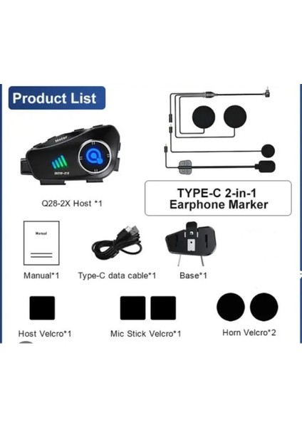 Q28 2x 2 Eşleşmeli Motosiklet Kask Bluetooth Kulaklık 1080P Kamera Su Geçirmez Intercom