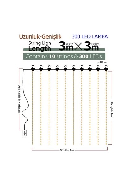 8 Fonksiyonlu Peri Perde Led Uzaktan Kumandalı Günışığı Perde Peri Led (3 Mt X 3 Mt)