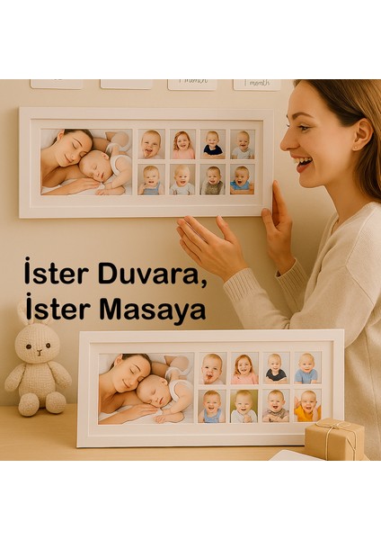Bebek Ilk Yıl Fotoğraf Çerçevesi, 12 Aylık Hatıra Resimleri, Hediyelik Yenidoğan Anı Albümü 43X16 cm modelleri