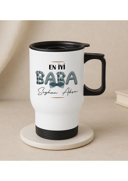 Kişiye Özel Babalar Günü Tasarımlı Kulplu Beyaz Çelik Bardak Termos Mug 450ML-9, Babalar Günü , Babaya