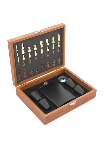Ahşap Kutulu Satrançlı Matara Seti 8 Oz Siyah Renk