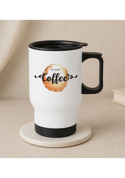 Coffee Tasarımlı Kulplu Beyaz Çelik Bardak Termos Mug 450ML-2, Sevgiliye , Arkadaşa , Eşe