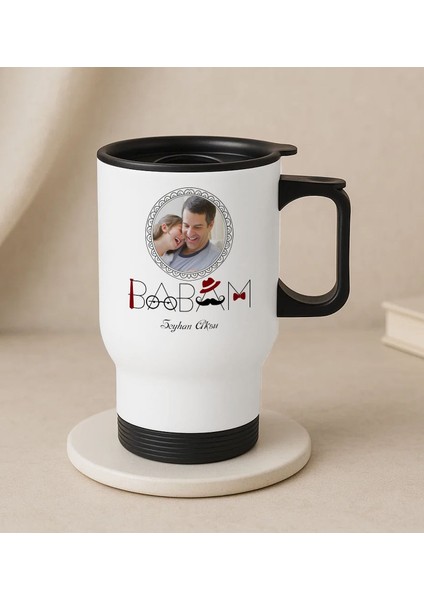 Kişiye Özel Fotoğraflı Babalar Günü Tasarımlı Kulplu Beyaz Çelik Bardak Termos Mug 450ML-1, Babalar Günü , Babaya