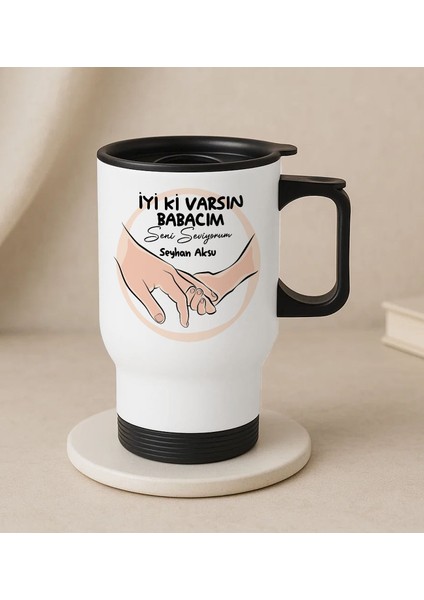 Kişiye Özel Babalar Günü Tasarımlı Kulplu Beyaz Çelik Bardak Termos Mug 450ML-8, Babalar Günü , Babaya