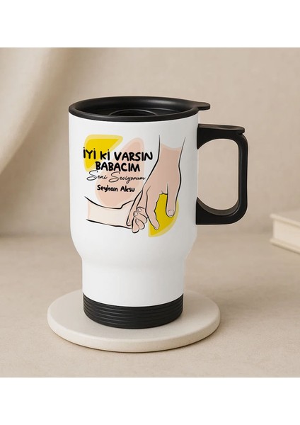 Kişiye Özel Babalar Günü Tasarımlı Kulplu Beyaz Çelik Bardak Termos Mug 450ML-7, Babalar Günü , Babaya