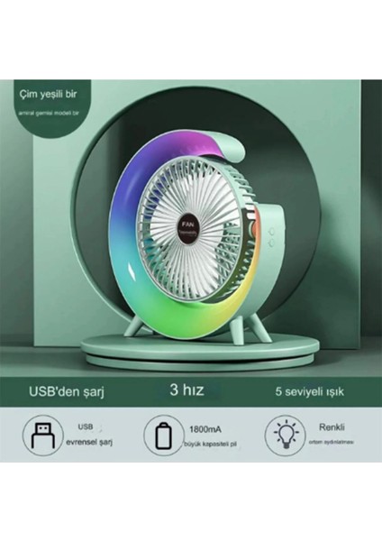 Masaüstü Vantilatör USB Şarjlı Rgb LED Işıklı 3 Kademeli 180° Ayarlanabilir Soğutucu Fan Yeşil