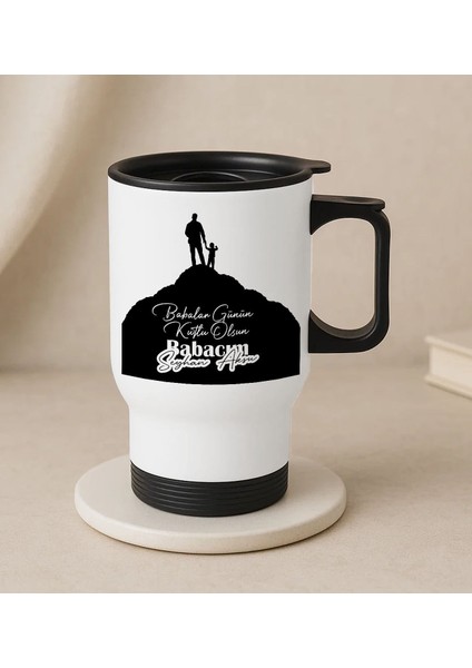 Kişiye Özel Babalar Günü Tasarımlı Kulplu Beyaz Çelik Bardak Termos Mug 450ML-6, Babalar Günü , Babaya