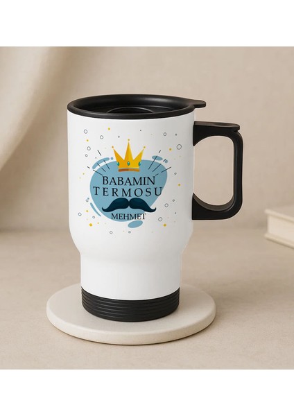 Kişiye Özel Babalar Günü Tasarımlı Kulplu Beyaz Çelik Bardak Termos Mug 450ML-2, Babalar Günü , Babaya