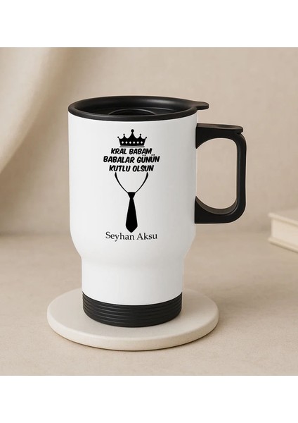 Kişiye Özel Babalar Günü Tasarımlı Kulplu Beyaz Çelik Bardak Termos Mug 450ML-10, Babalar Günü , Babaya