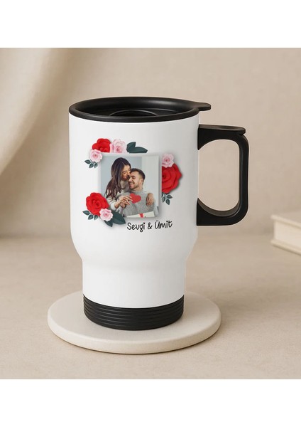 Kişiye Özel Isimli Fotoğraflı Kulplu Beyaz Çelik Bardak Termos Mug 450ML-1, Sevgiliye , Arkadaşa , Eşe