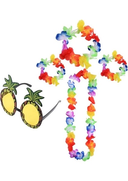 Renkli Ananas Gözlük, Taç, Kolye ve Bileklik Seti