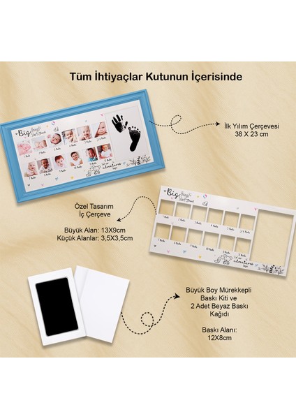 Moky Design Bebek Ilk Yıl Fotoğraf Çerçevesi (38X23CM) 12 Aylık Konsept Resimler ve Yenidoğan Büyük Boy El Ayak Izi Kiti modelleri