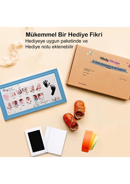 Moky Design Bebek Ilk Yıl Fotoğraf Çerçevesi (38X23CM) 12 Aylık Konsept Resimler ve Yenidoğan Büyük Boy El Ayak Izi Kiti indirimleri