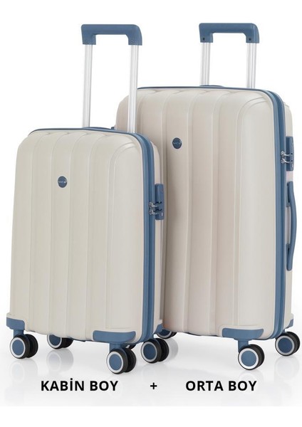 Bavul Orta ve Kabin 2li Set Kırılmaz Silikon Valiz V305 Kemik/skyblue