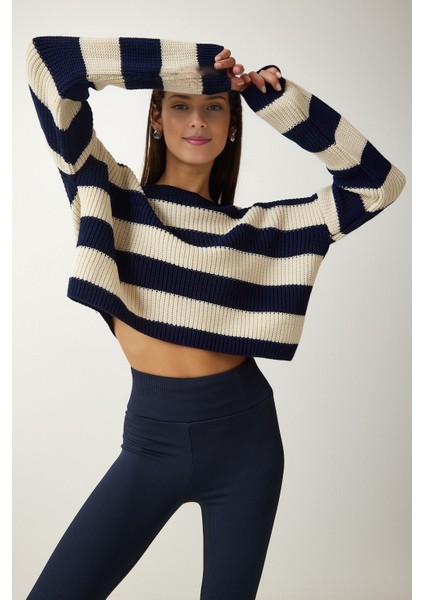 Çizgili Crop Bisiklet Yaka Triko Kazak Lacivert