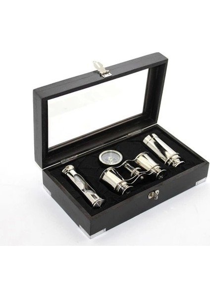 Ahşap Kutulu Pirinç Dürbün Pusula ve Kum Saati Seti